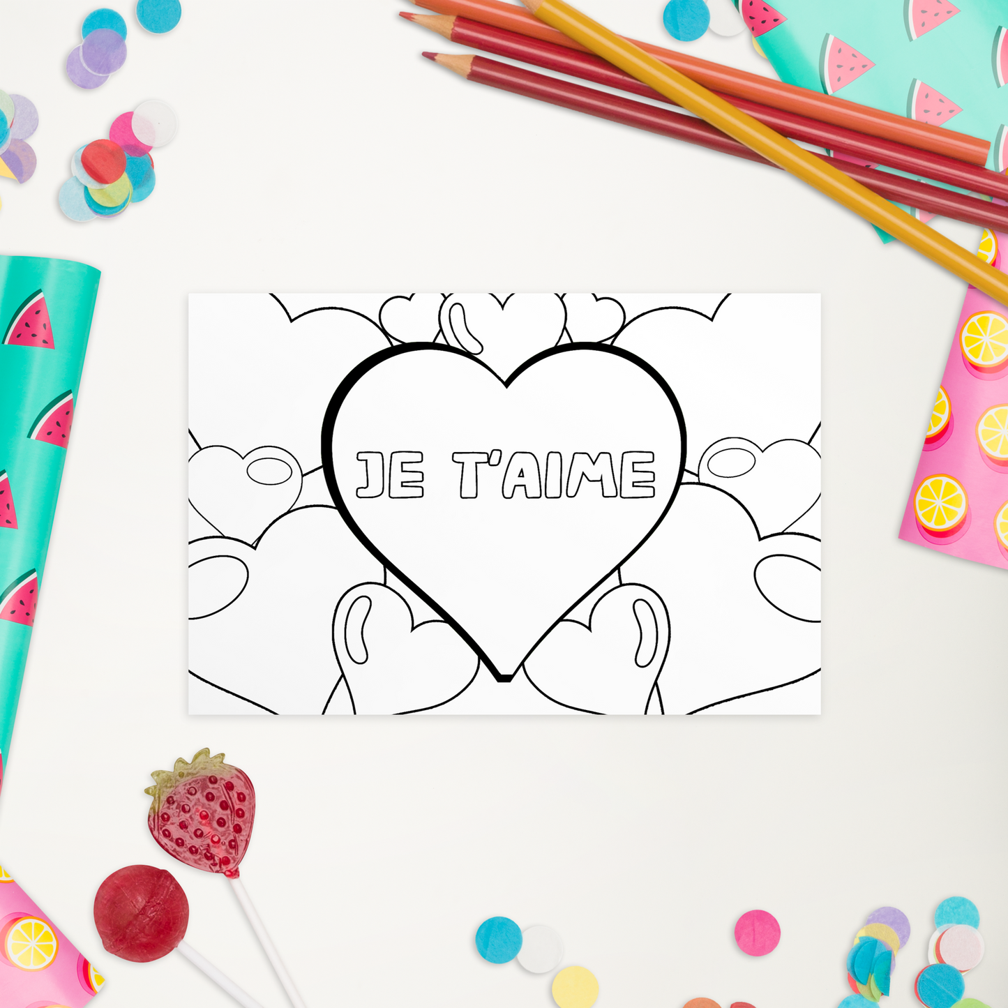 Carte de vœux à colorier - Thème "je t'aime" et coeurs