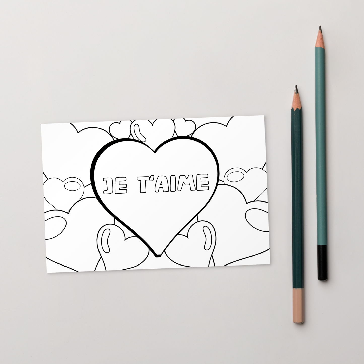Carte de vœux à colorier - Thème "je t'aime" et coeurs